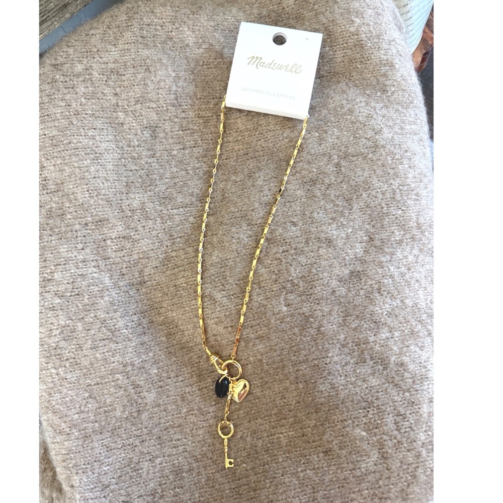 Madewell Gold Tone Heart Key Semiprecious Stone Charm Necklace 18 Inch NZ154 NEW